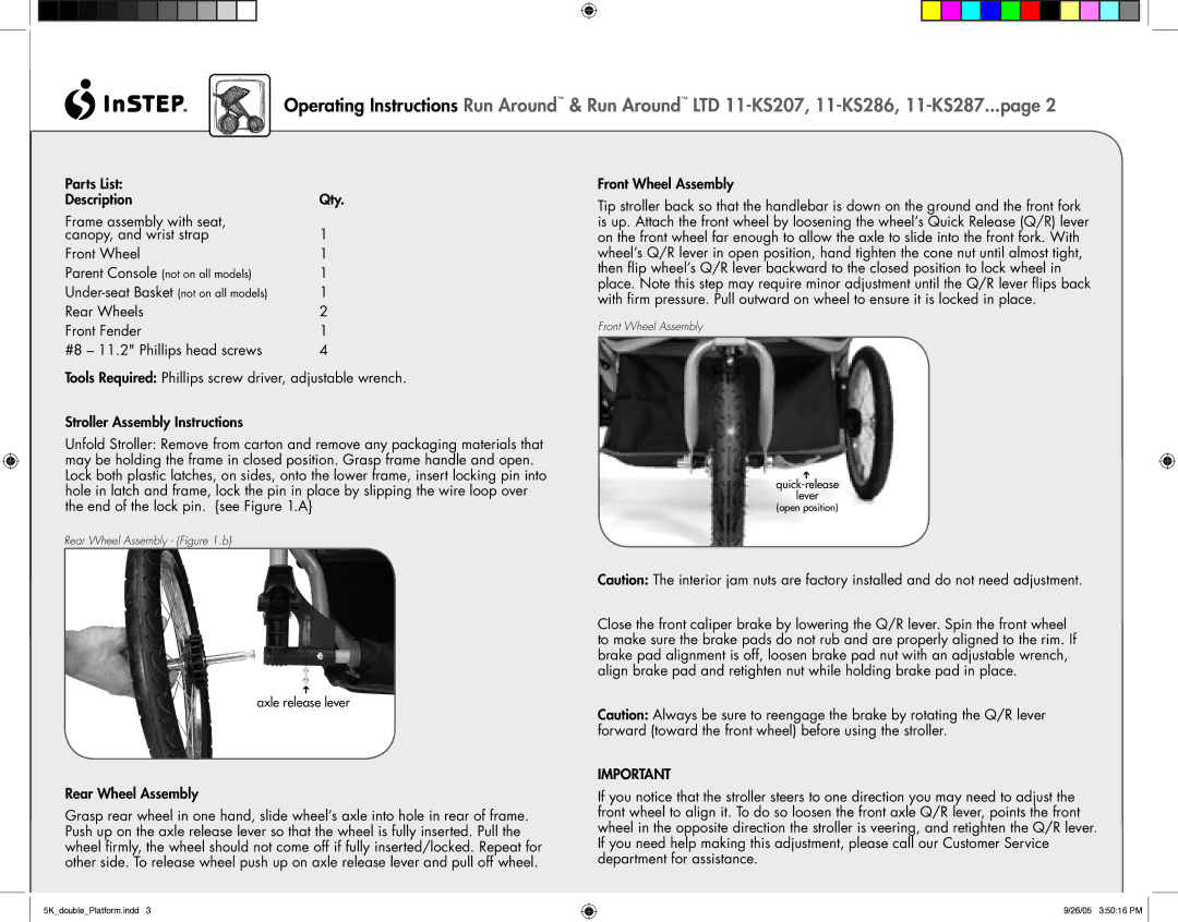 InStep 11-KS207, 11-KS286, 11-KS287 manual Parts List Description 