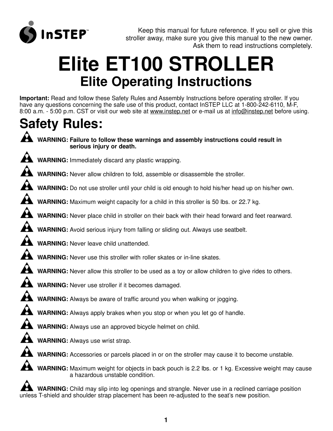 InStep manual Elite ET100 Stroller, Elite Operating Instructions Safety Rules 