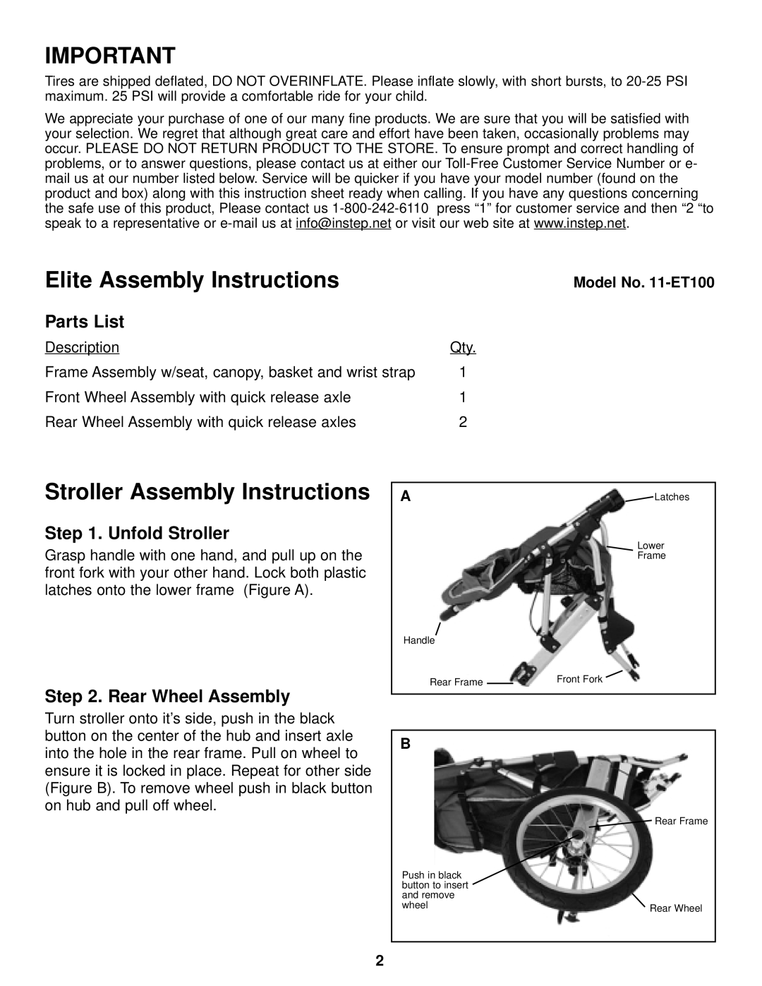 InStep ET100 Elite Assembly Instructions, Stroller Assembly Instructions, Parts List, Unfold Stroller, Rear Wheel Assembly 