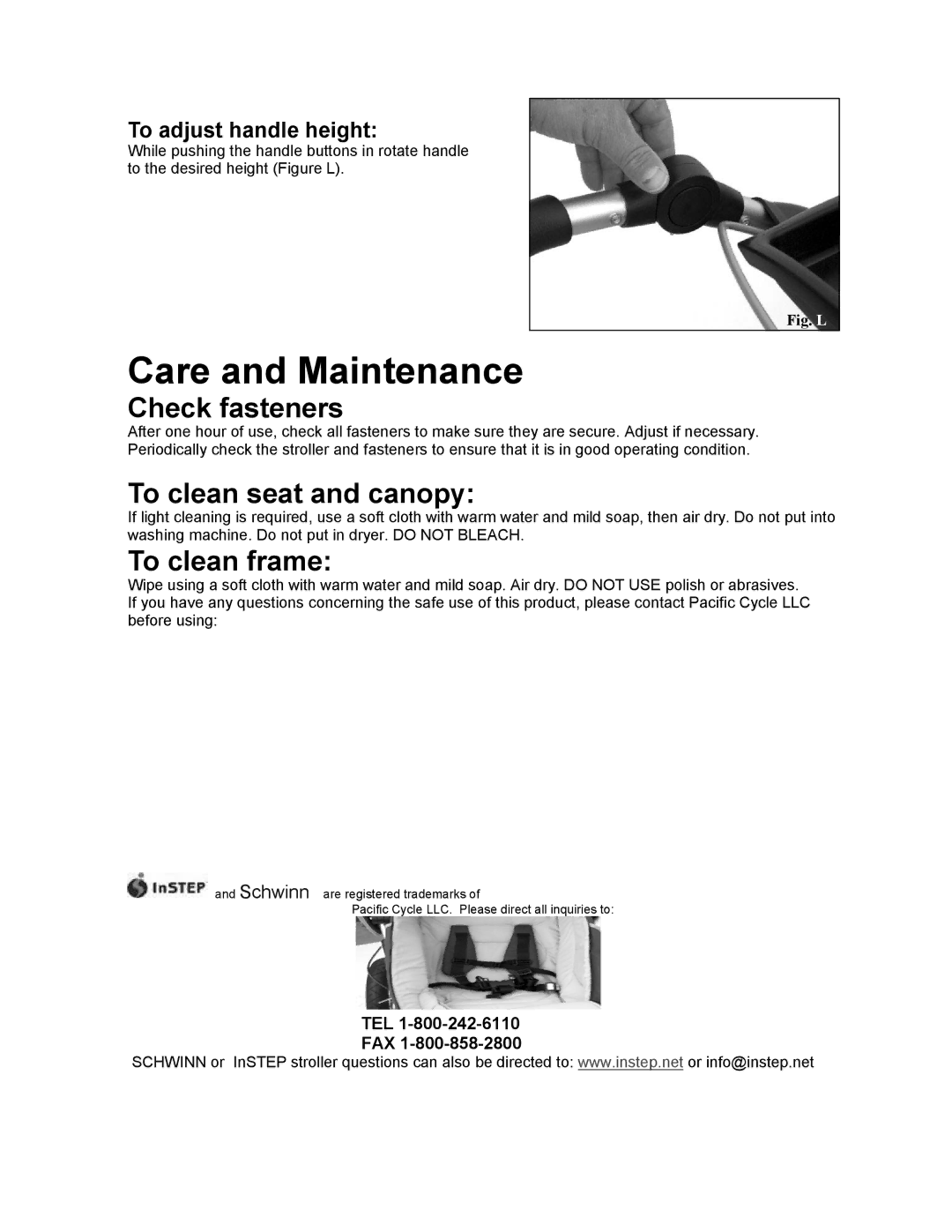 InStep M3 manual Check fasteners, To clean seat and canopy, To clean frame, To adjust handle height 