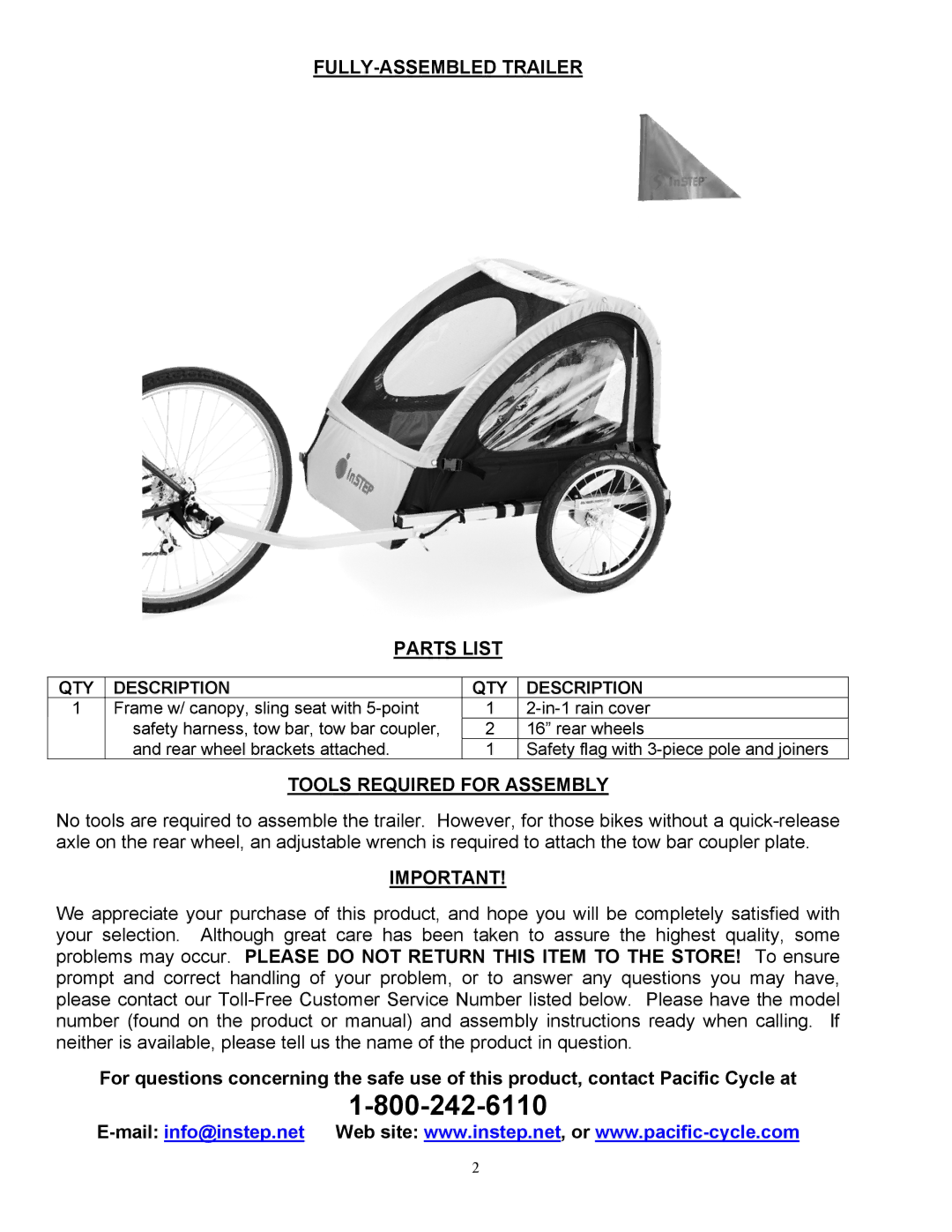 InStep QE100A manual FULLY-ASSEMBLED Trailer Parts List, QTY Description 