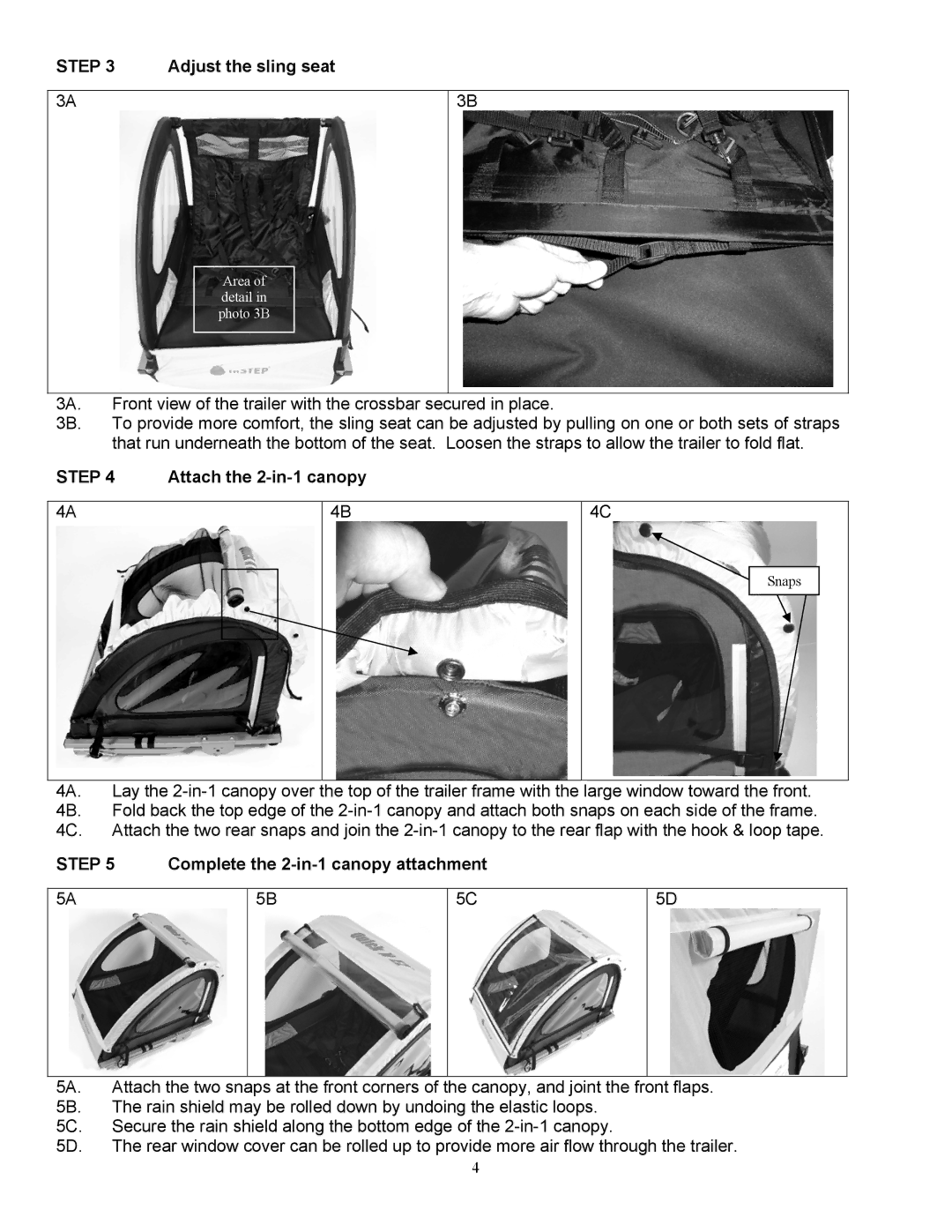 InStep QE100A manual Adjust the sling seat, Attach the 2-in-1 canopy, Complete the 2-in-1 canopy attachment 