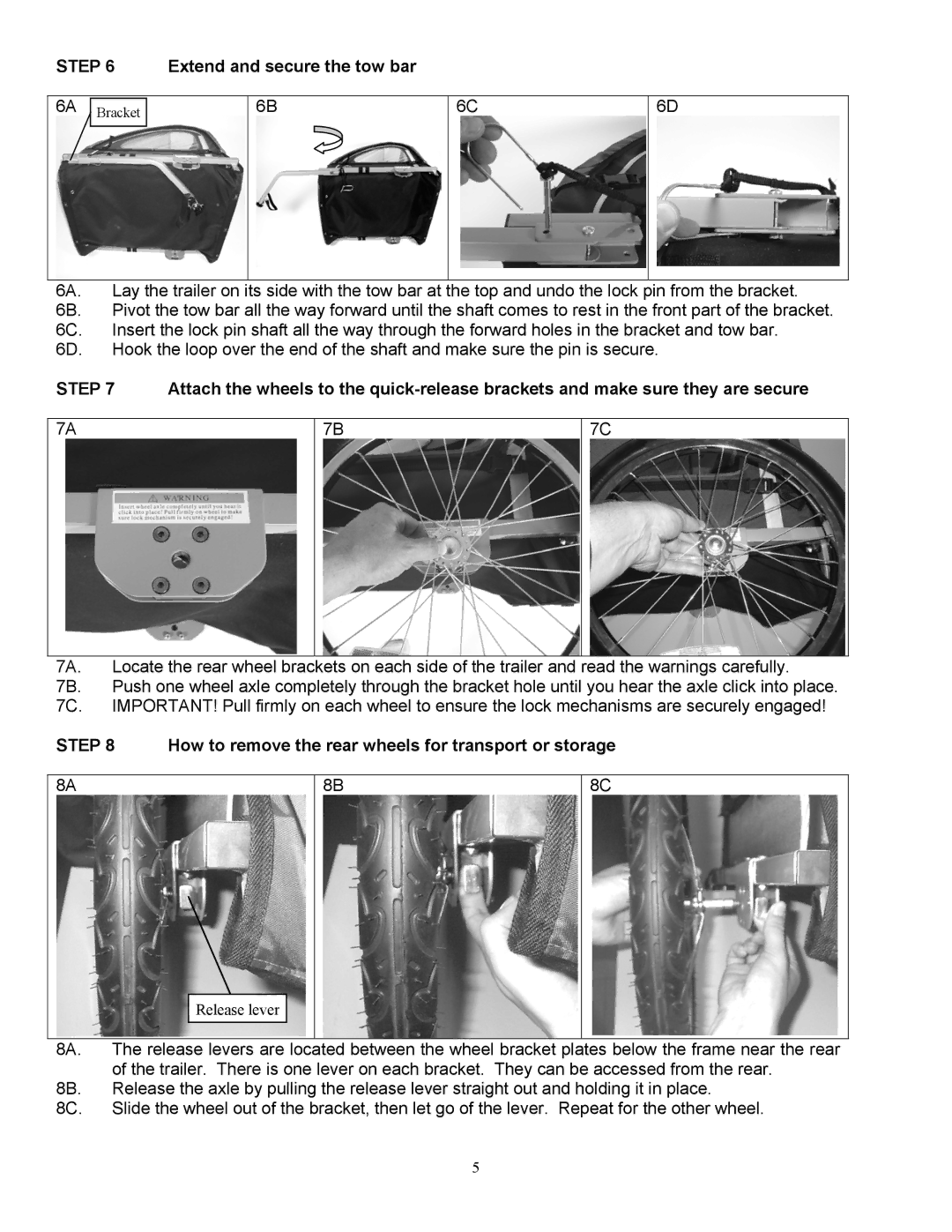 InStep QE100A manual Extend and secure the tow bar, How to remove the rear wheels for transport or storage 