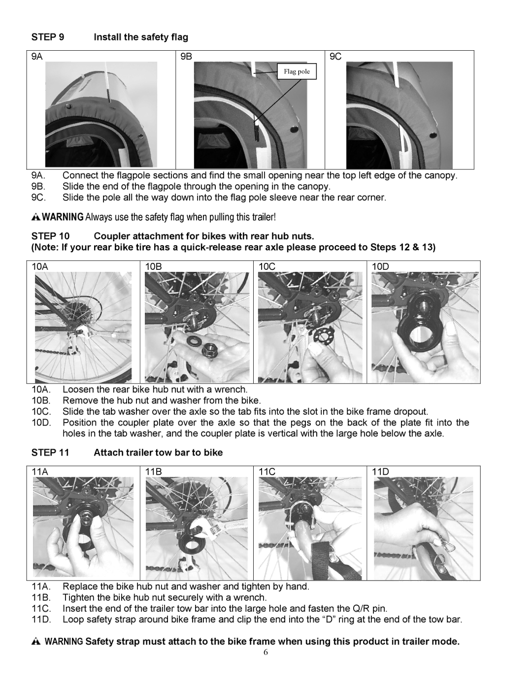 InStep QE100A Install the safety flag, Coupler attachment for bikes with rear hub nuts, Attach trailer tow bar to bike 