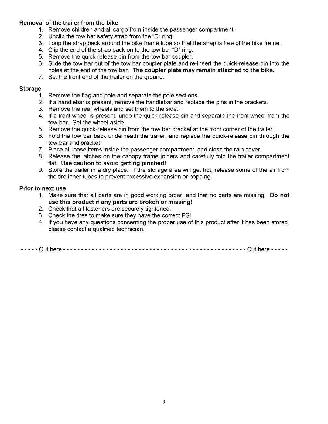 InStep QE100A manual Removal of the trailer from the bike, Storage, Prior to next use 