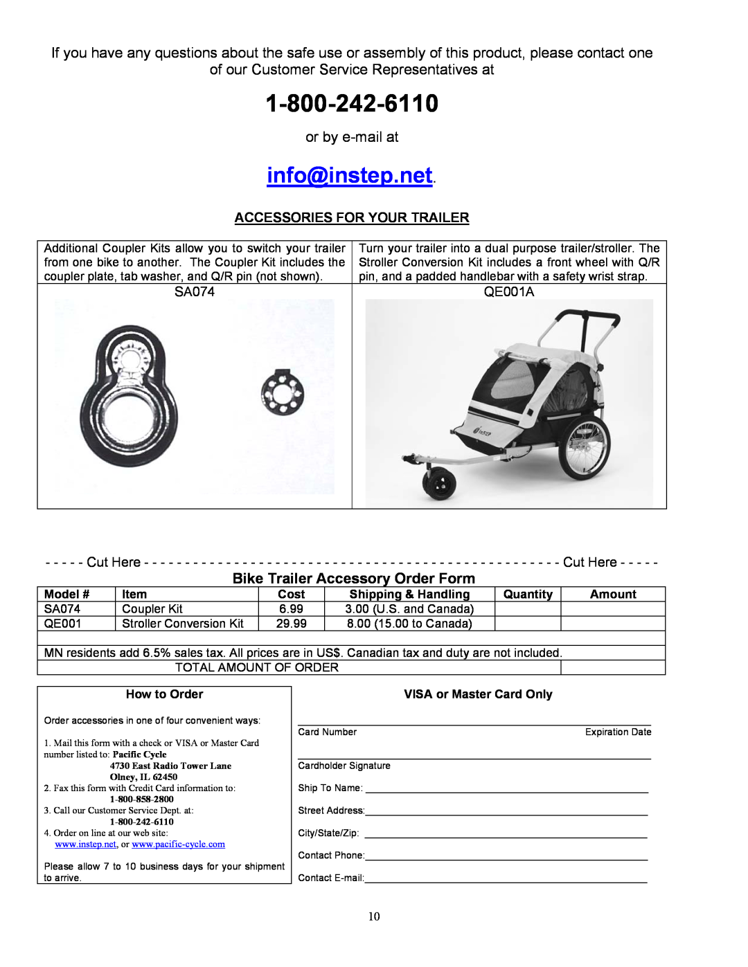 InStep QE100A Bike Trailer Accessory Order Form, info@instep.net, Accessories For Your Trailer, Model #, Cost, Quantity 