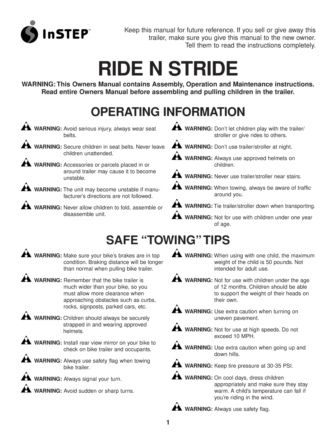 InStep RIDE N STRIDE manual Ride N Stride 