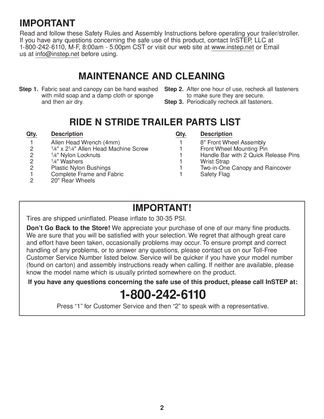 InStep RIDE N STRIDE manual Maintenance and Cleaning, Ride N Stride Trailer Parts List 