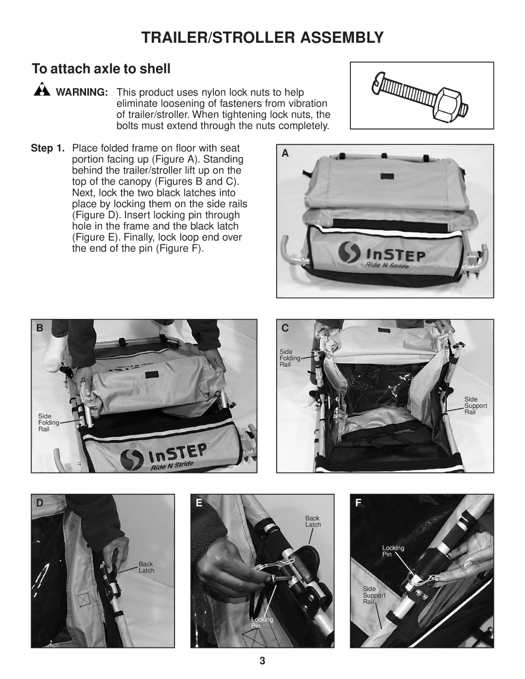 InStep RIDE N STRIDE manual TRAILER/STROLLER Assembly, To attach axle to shell 