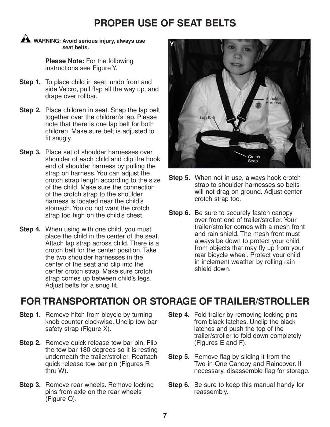 InStep RIDE N STRIDE manual Proper USE of Seat Belts, For Transportation or Storage of TRAILER/STROLLER 