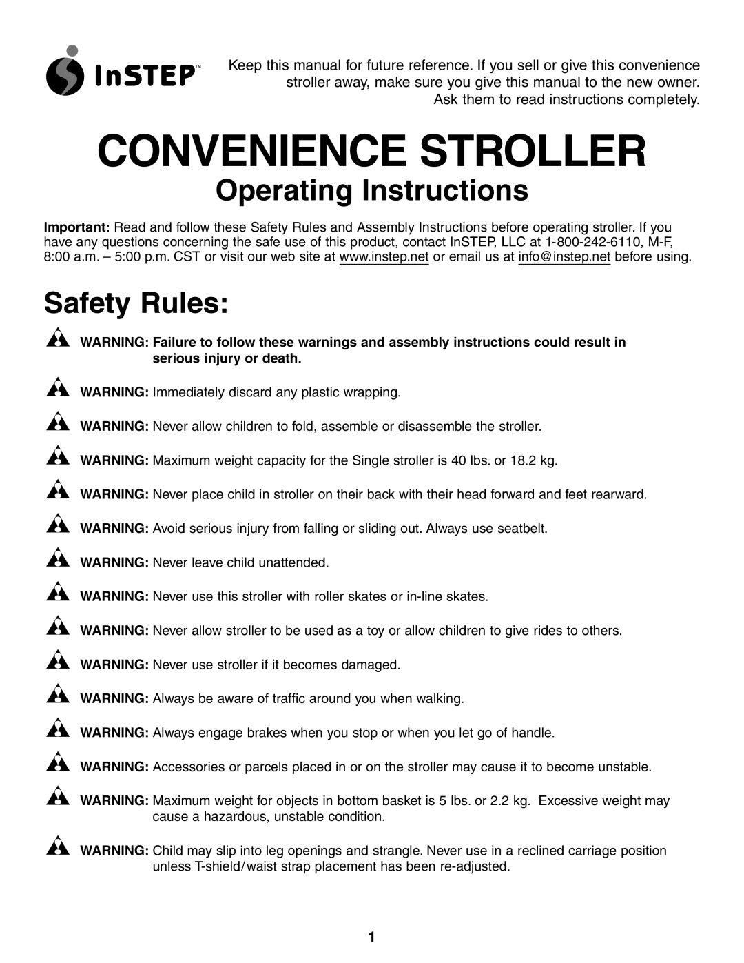 InStep RS100 manual Convenience Stroller, Operating Instructions Safety Rules 