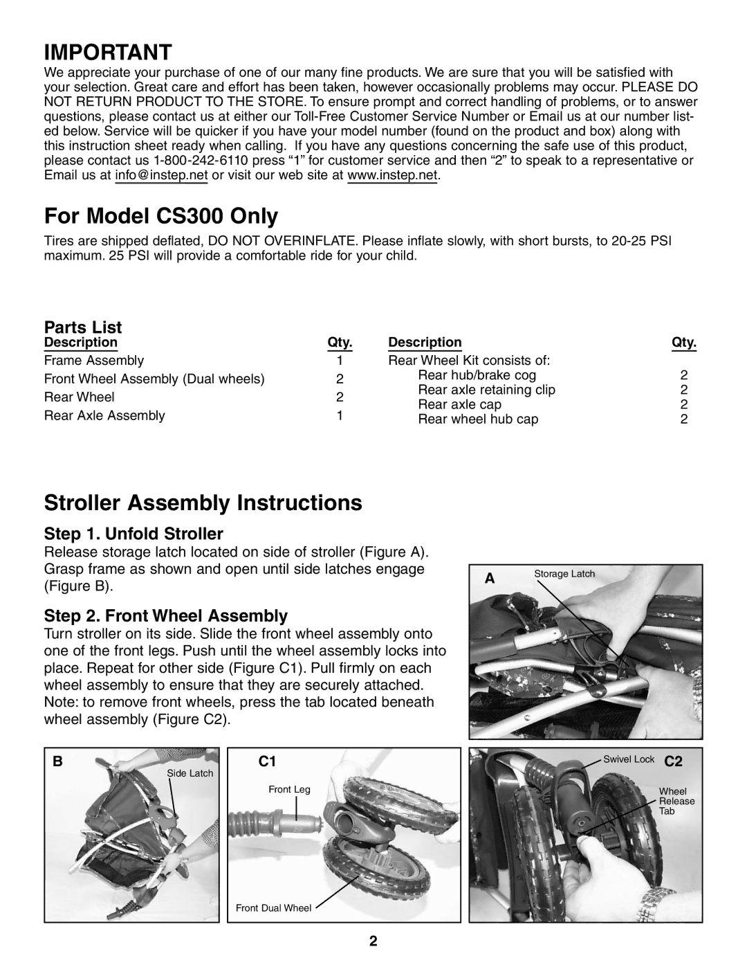 InStep RS100 manual For Model CS300 Only, Stroller Assembly Instructions, Parts List, Unfold Stroller, Front Wheel Assembly 