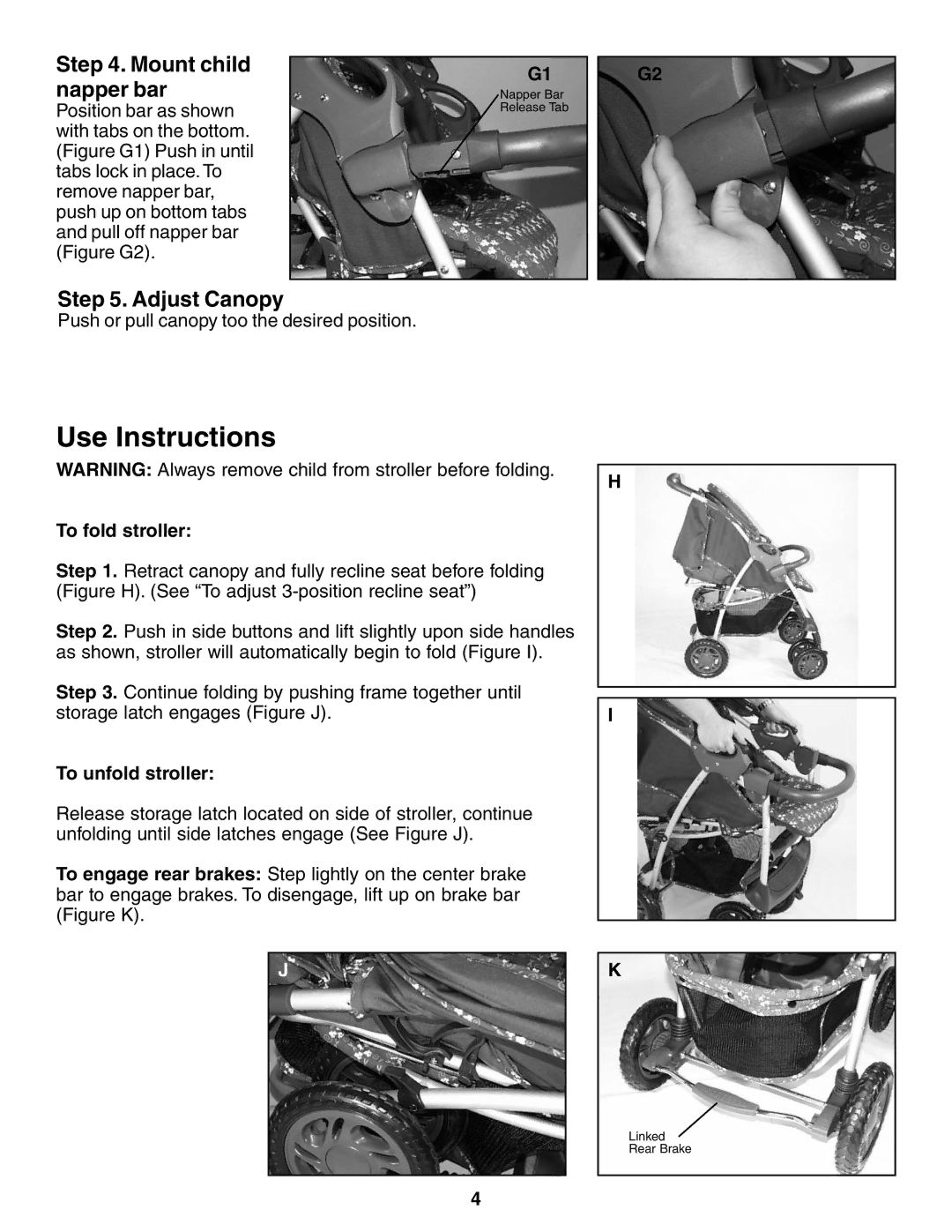 InStep RS100 manual Use Instructions, Mount child napper bar, Adjust Canopy, To fold stroller, To unfold stroller 