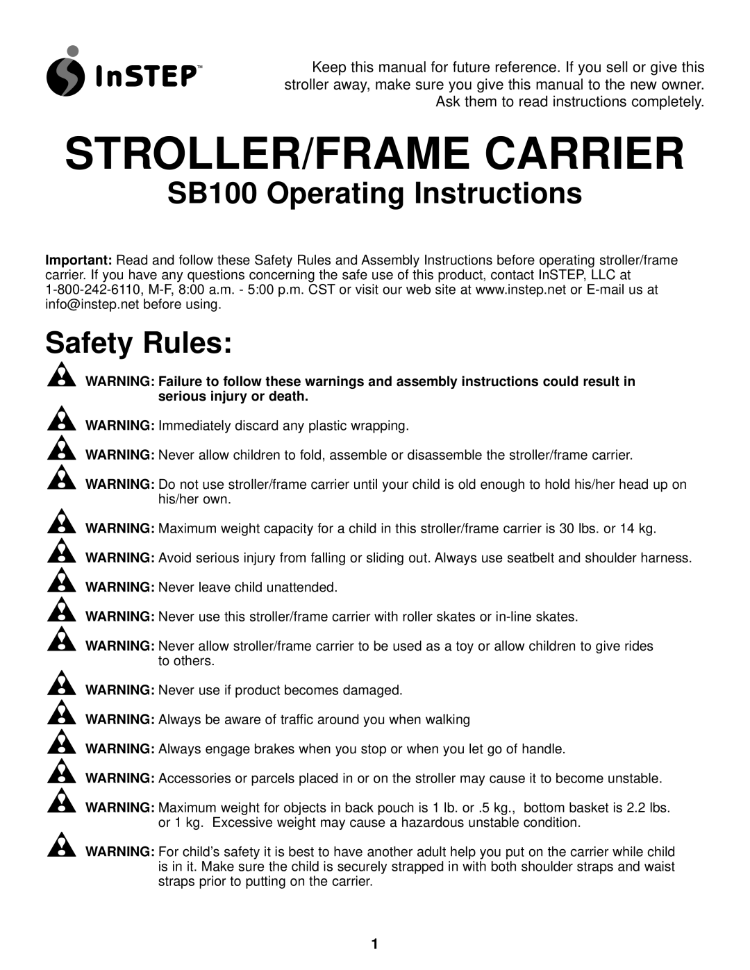 InStep manual SB100 Operating Instructions, Safety Rules 