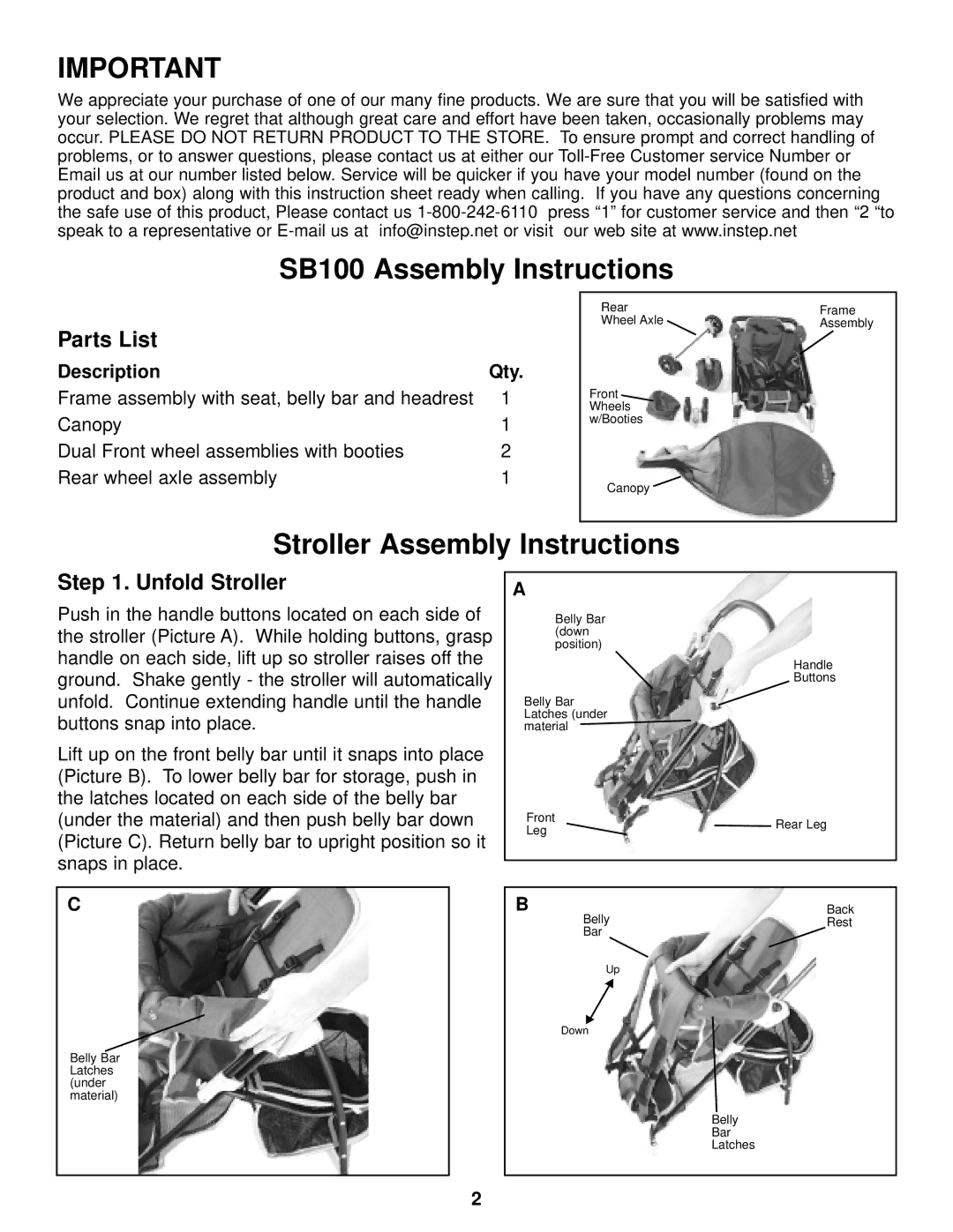 InStep manual SB100 Assembly Instructions, Stroller Assembly Instructions, Parts List, Unfold Stroller 