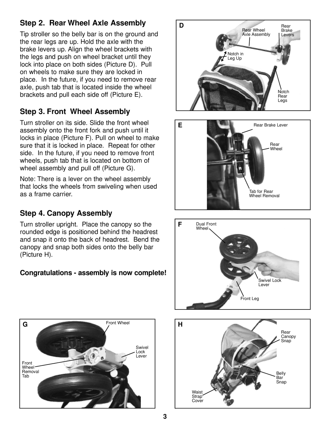 InStep SB100 manual Rear Wheel Axle Assembly, Front Wheel Assembly, Canopy Assembly 