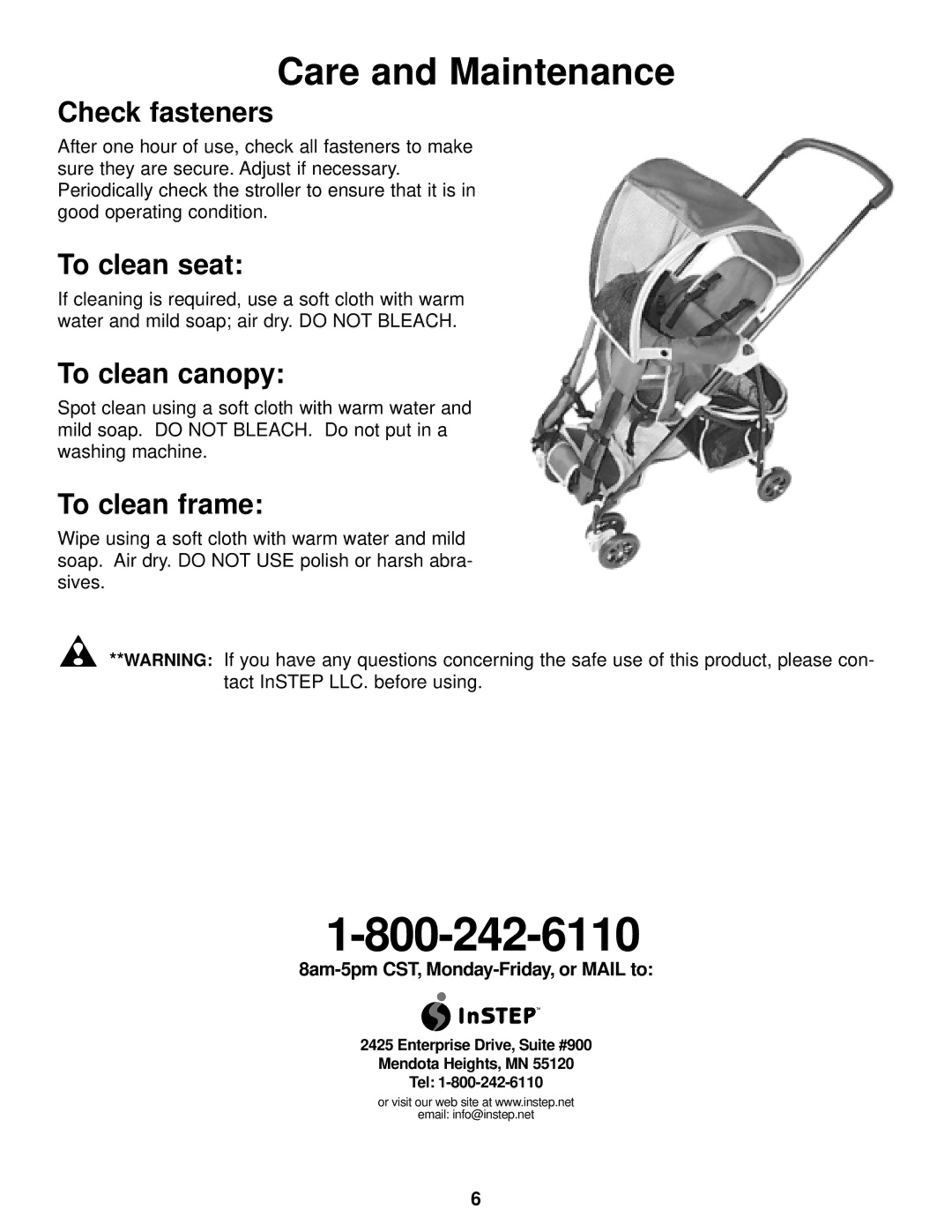 InStep SB100 manual Care and Maintenance, Check fasteners, To clean seat, To clean canopy, To clean frame 