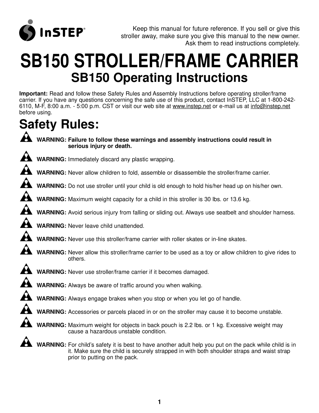 InStep manual SB150 STROLLER/FRAME Carrier, SB150 Operating Instructions Safety Rules 