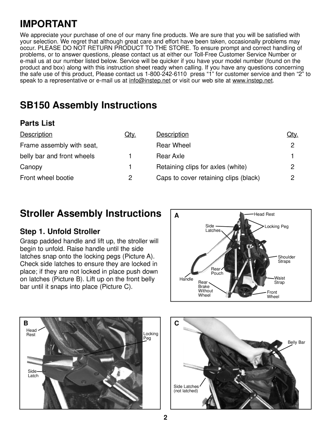 InStep manual SB150 Assembly Instructions, Stroller Assembly Instructions, Parts List, Unfold Stroller 