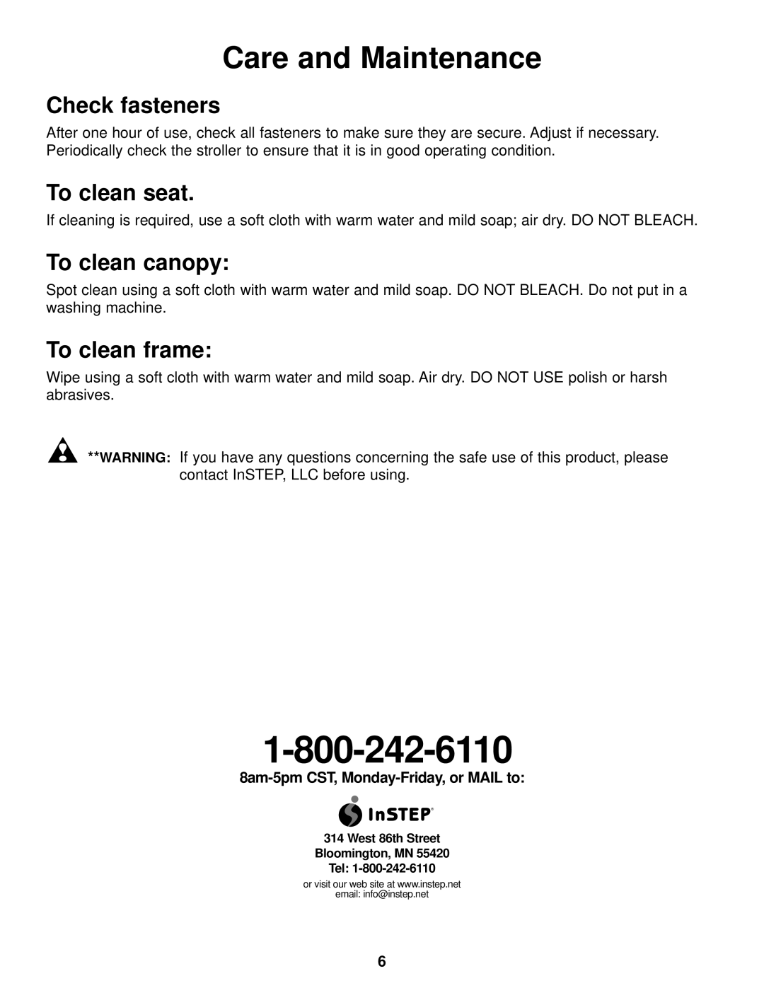 InStep SB150 manual Care and Maintenance, Check fasteners, To clean seat, To clean canopy, To clean frame 