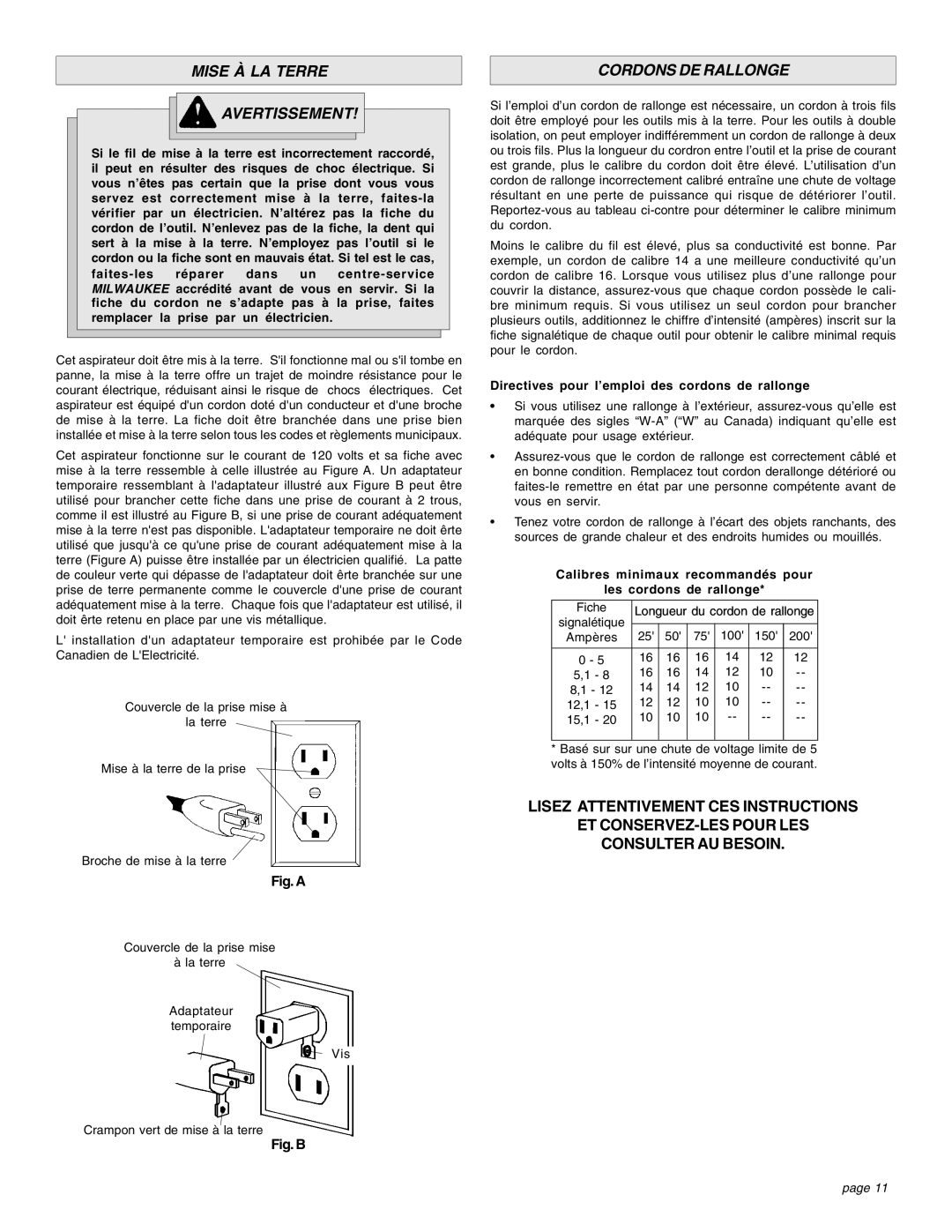 Intec 8940-20 manual Mise À LA Terre Avertissement, Cordons DE Rallonge, Directives pour l’emploi des cordons de rallonge 