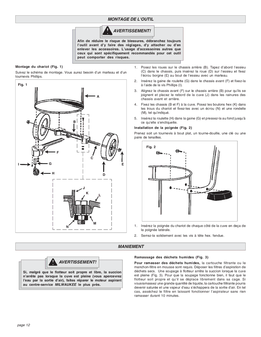 Intec 8940-20 manual Montage DE Loutil Avertissement, Maniement Avertissement, Installation de la poignée Fig 