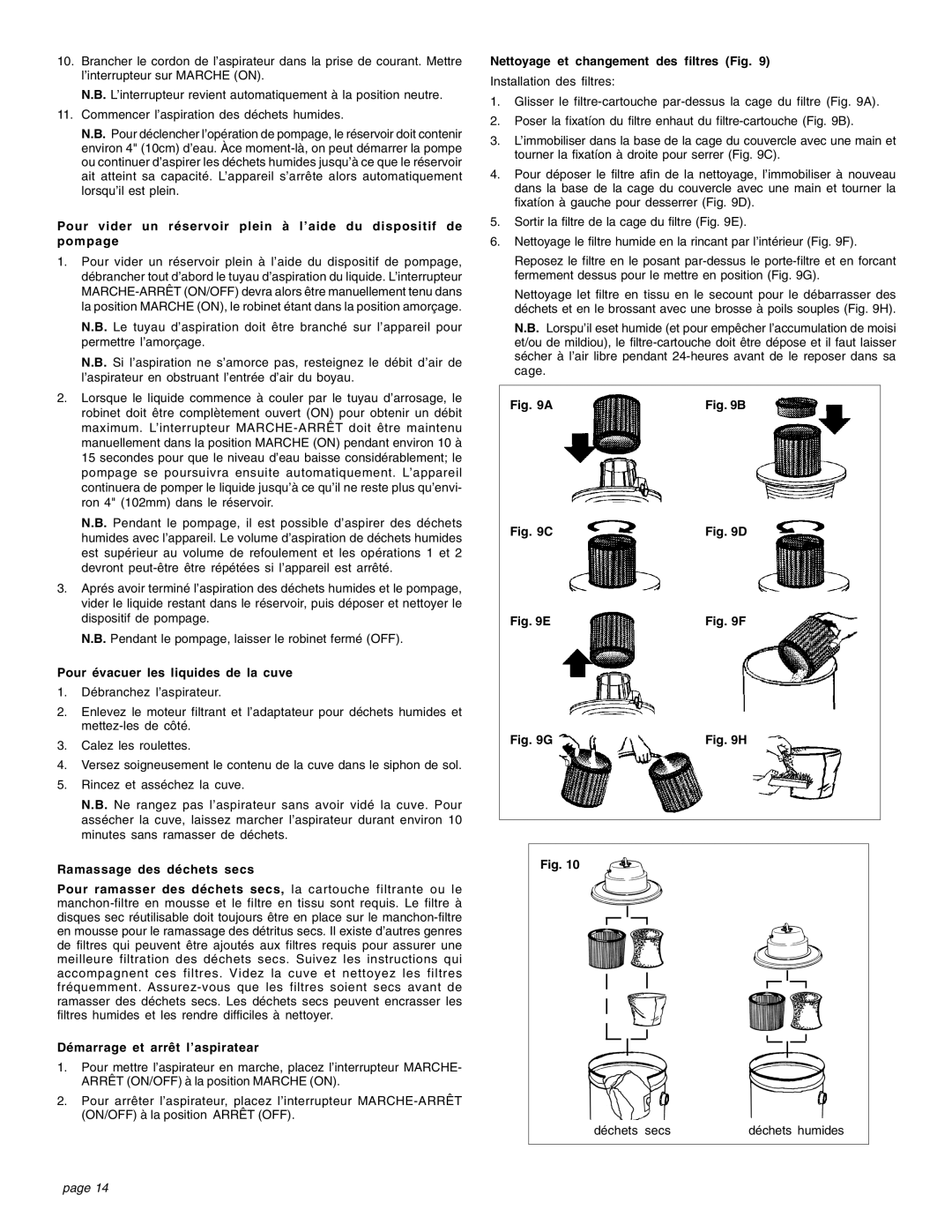 Intec 8940-20 manual Pour évacuer les liquides de la cuve, Nettoyage et changement des filtres Fig 