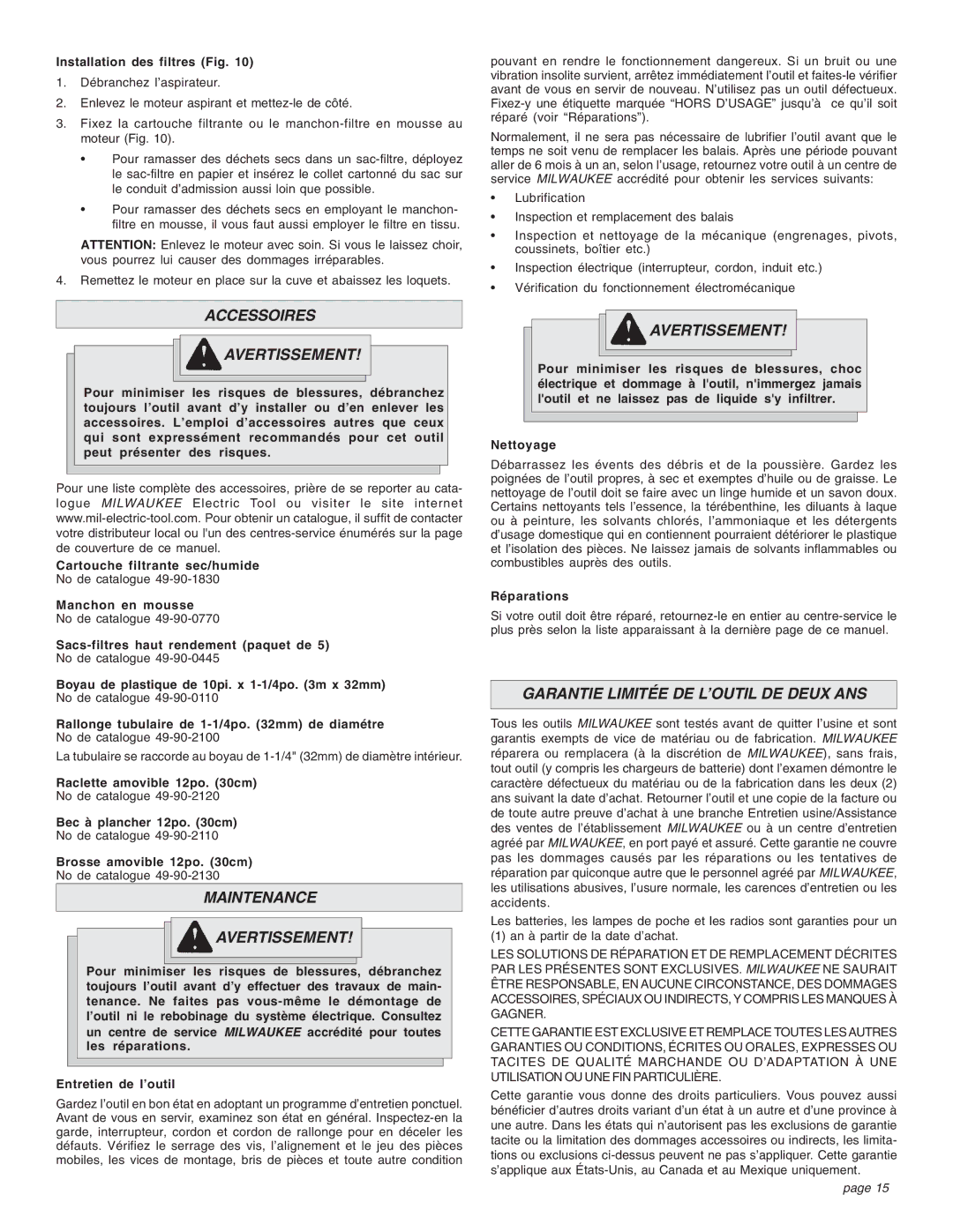 Intec 8940-20 manual Accessoires Avertissement, Maintenance Avertissement, Garantie Limitée DE L’OUTIL DE Deux ANS 