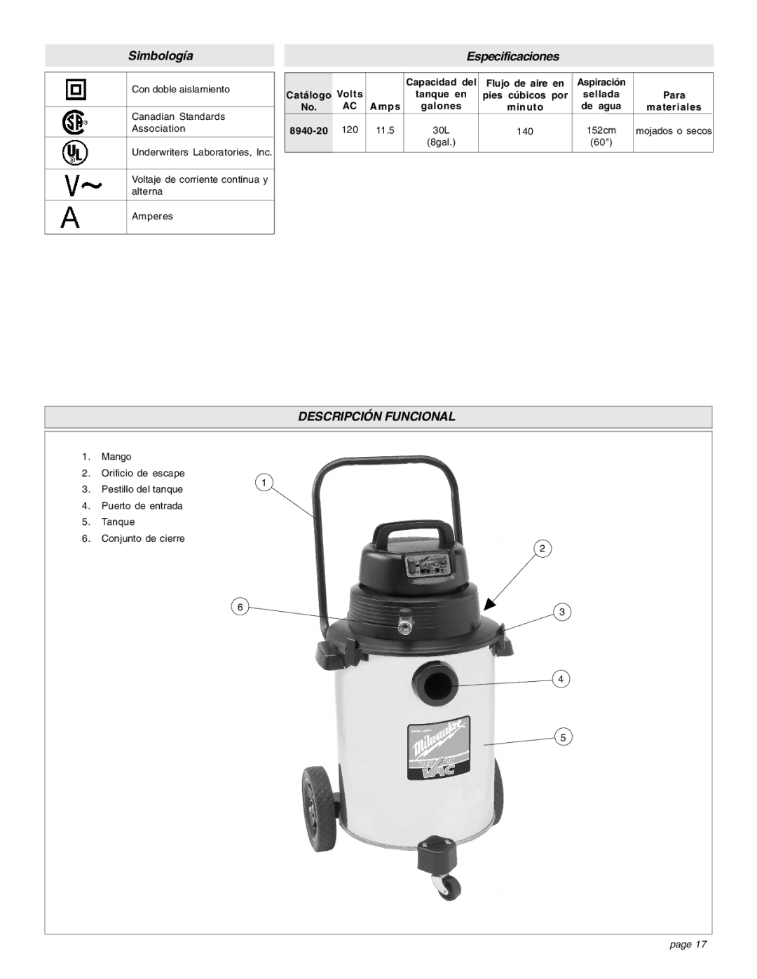 Intec 8940-20 manual Descripción Funcional, Capacidad del Flujo de aire en Aspiración Catálogo 