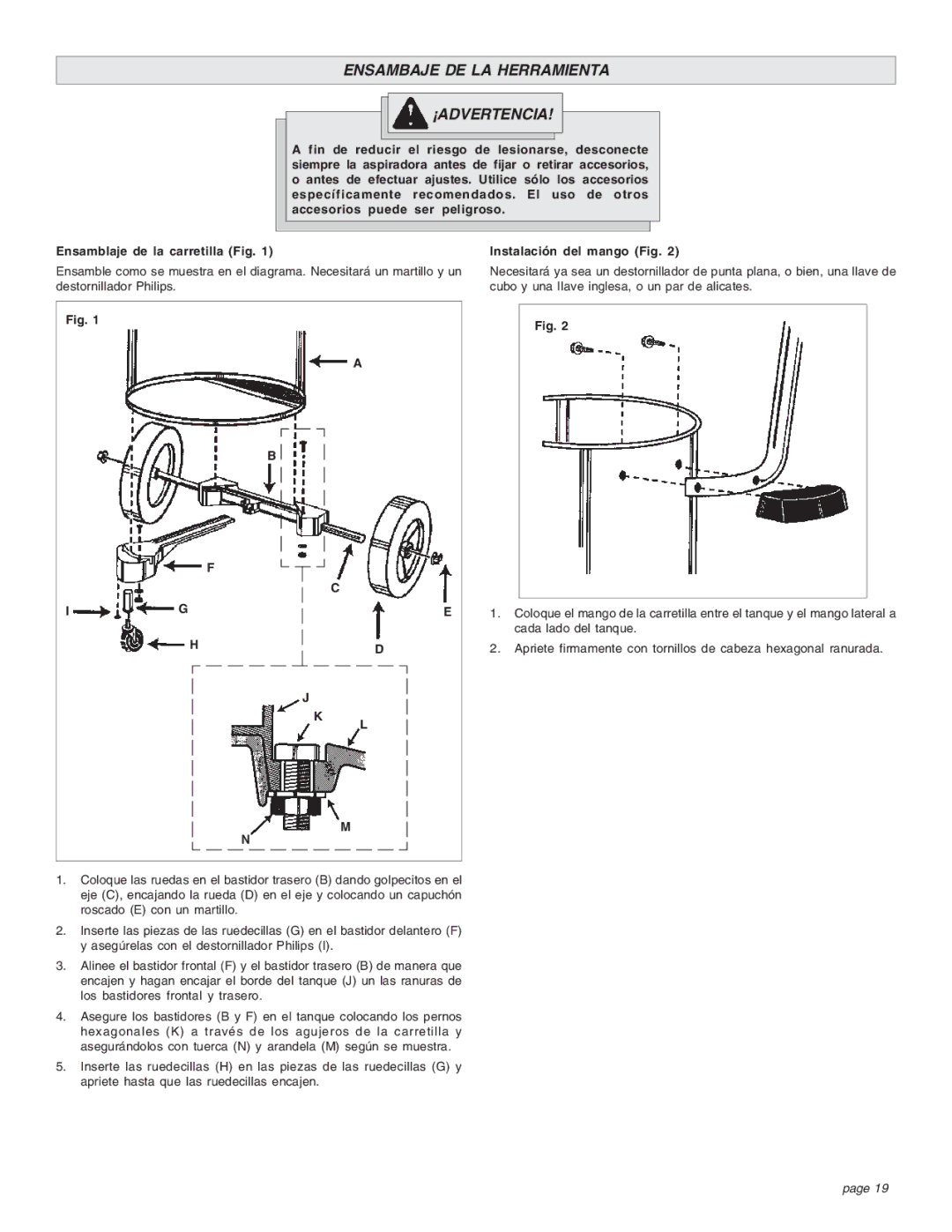 Intec 8940-20 manual Ensambaje DE LA Herramienta ¡ADVERTENCIA, Instalación del mango Fig 