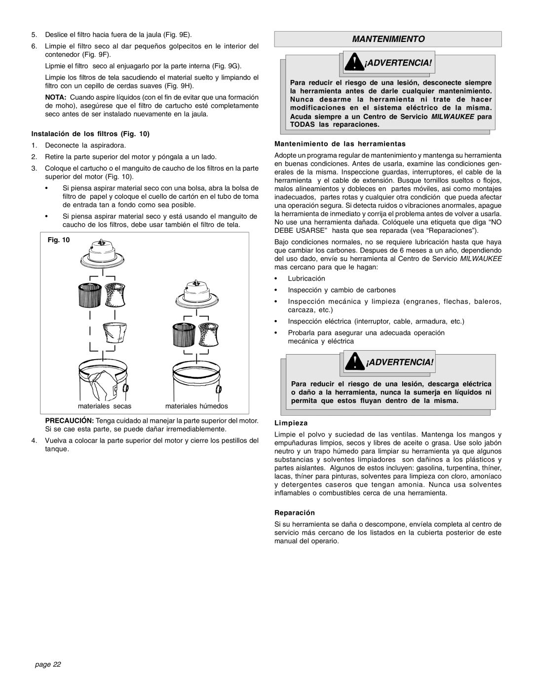 Intec 8940-20 manual Mantenimiento ¡ADVERTENCIA, Instalación de los filtros Fig, Reparación 