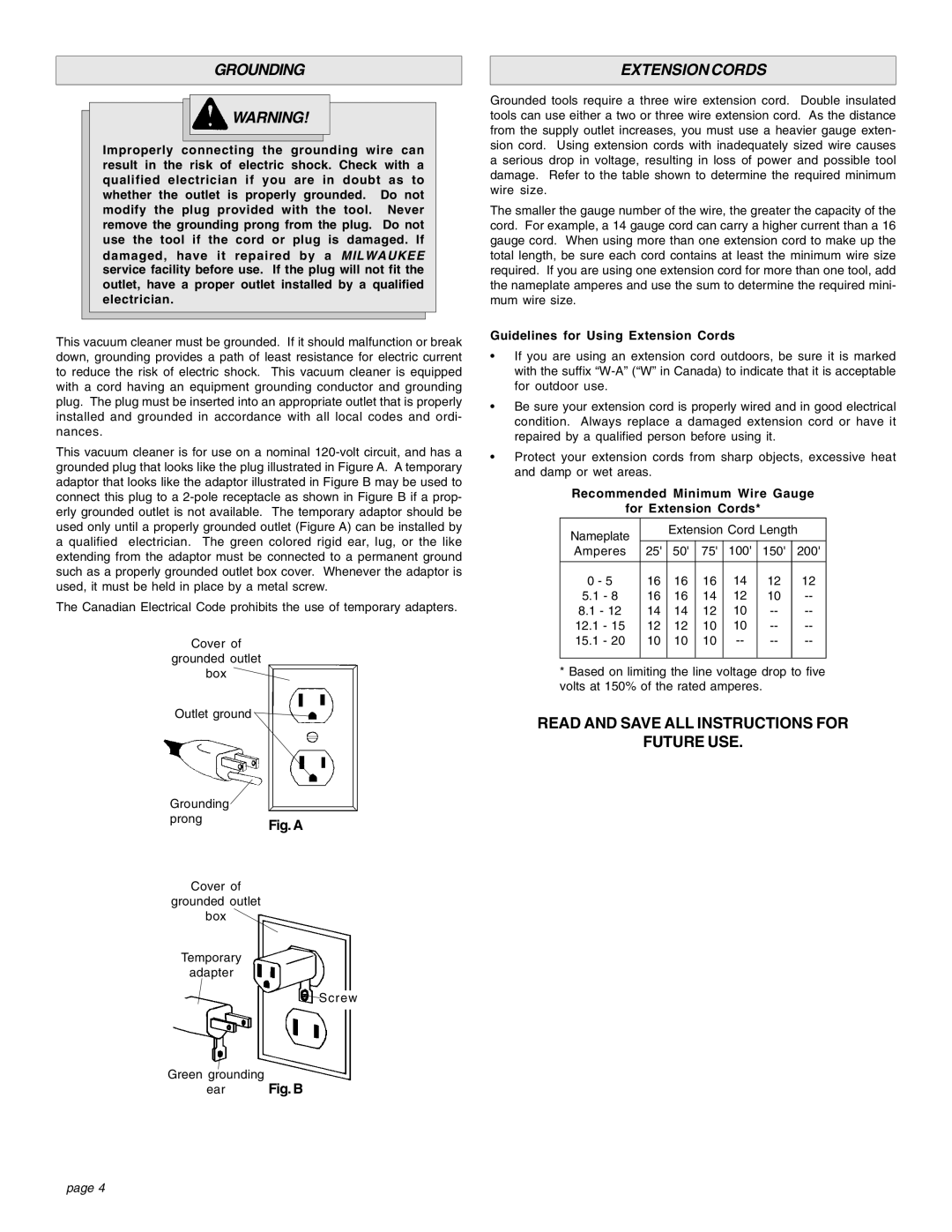 Intec 8940-20 Grounding, Guidelines for Using Extension Cords, Recommended Minimum Wire Gauge For Extension Cords 