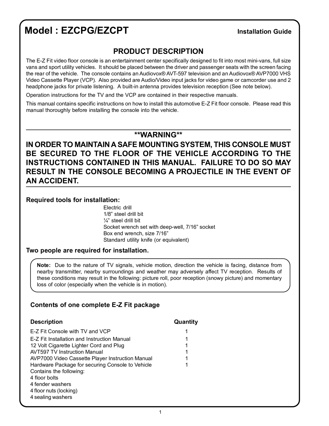 Intec AVT-597 owner manual Product Description, Installation Guide, Required tools for installation 