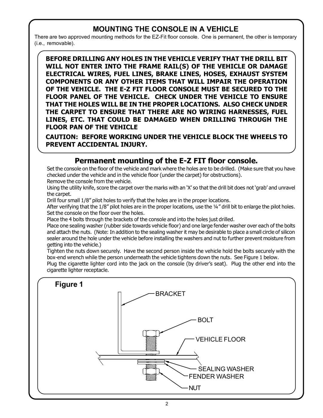 Intec AVT-597 owner manual Mounting the Console in a Vehicle, Permanent mounting of the E-Z FIT floor console 