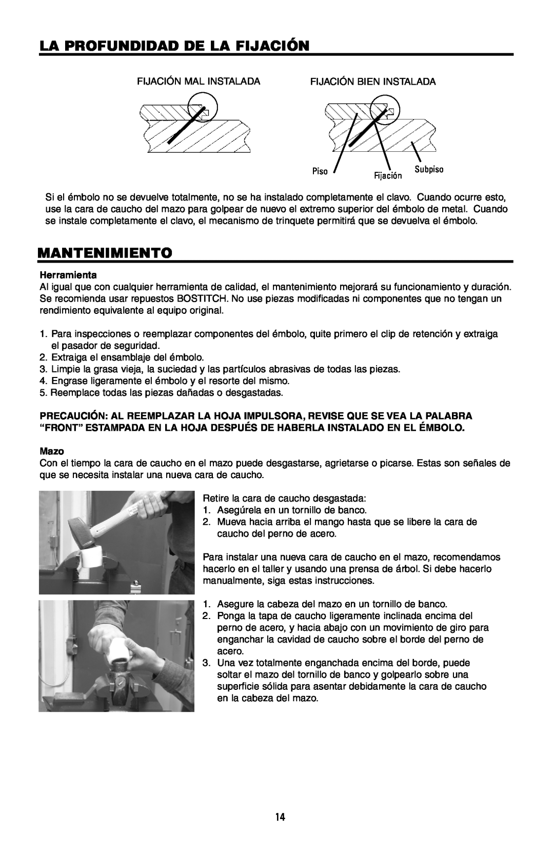 Intec MFN-200 manual La Profundidad De La Fijación, Mantenimiento, Herramienta, Mazo 