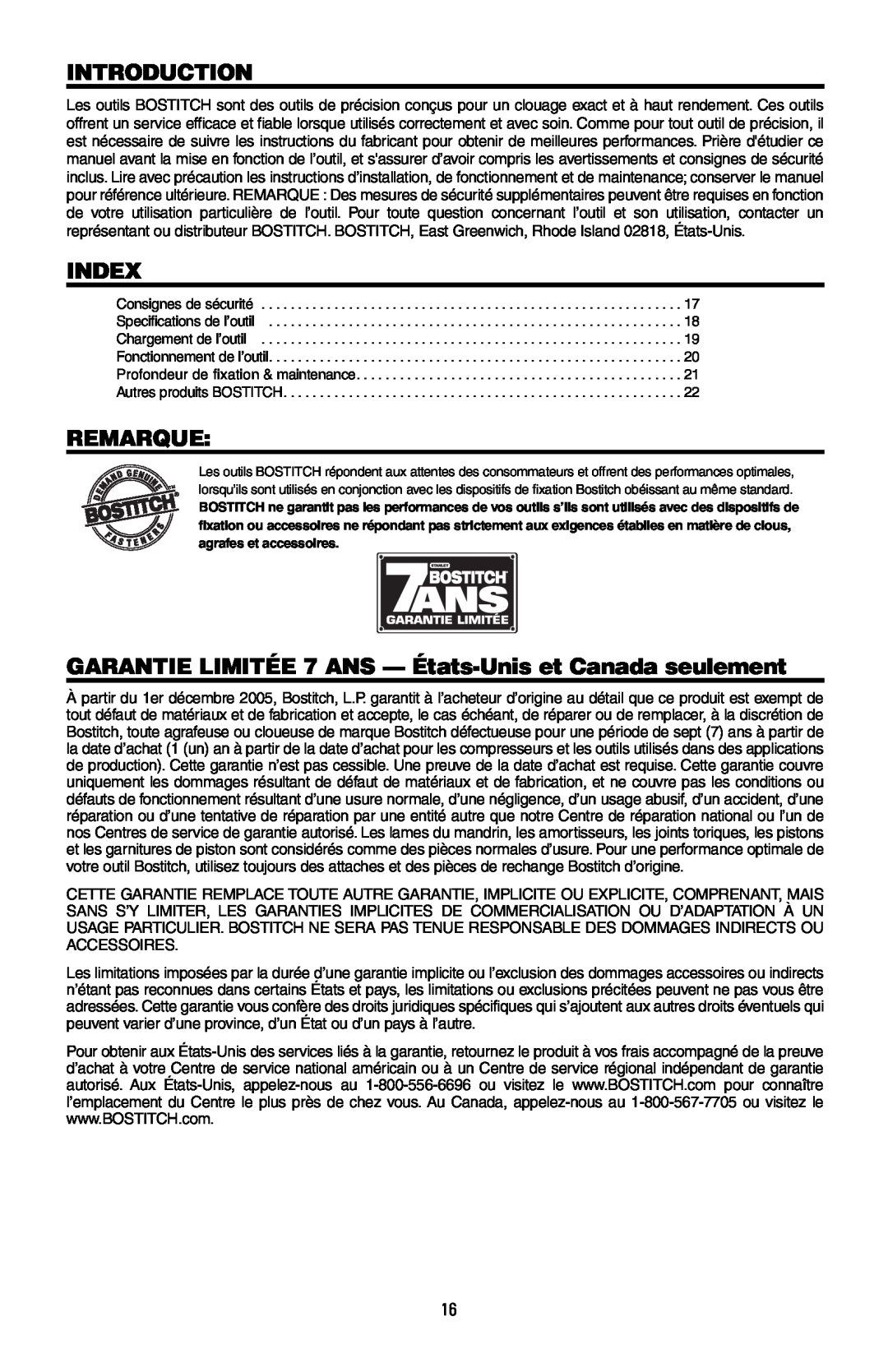 Intec MFN-200 manual Introduction, Index, Remarque, GARANTIE LIMITÉE 7 ANS - États-Unis et Canada seulement 