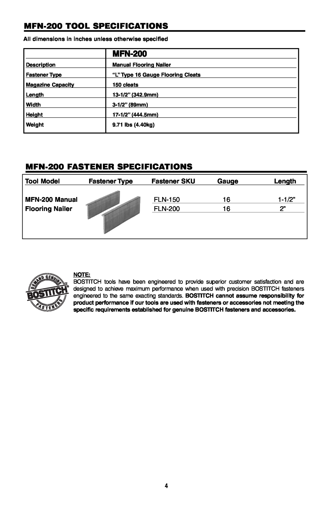 Intec MFN-200 TOOL SPECIFICATIONS, MFN-200 FASTENER SPECIFICATIONS, Tool Model, Fastener Type, Fastener SKU, FLN-150 