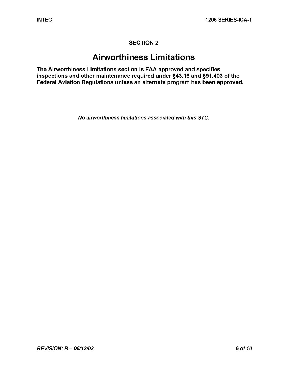 Intec STC SR00180SE manual Airworthiness Limitations 