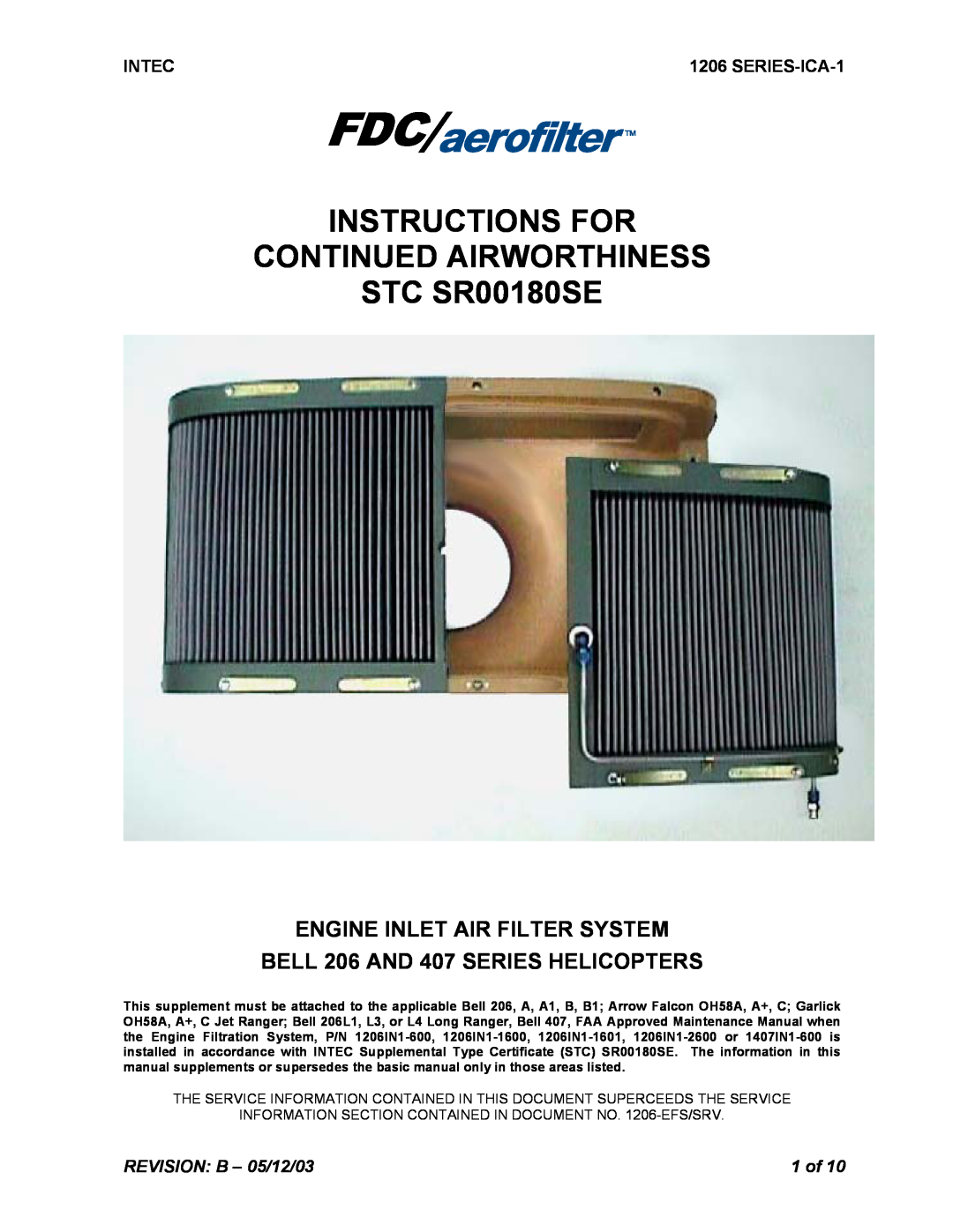 Intec STC SR00180SE manual Instructions For Continued Airworthiness, Engine Inlet Air Filter System 