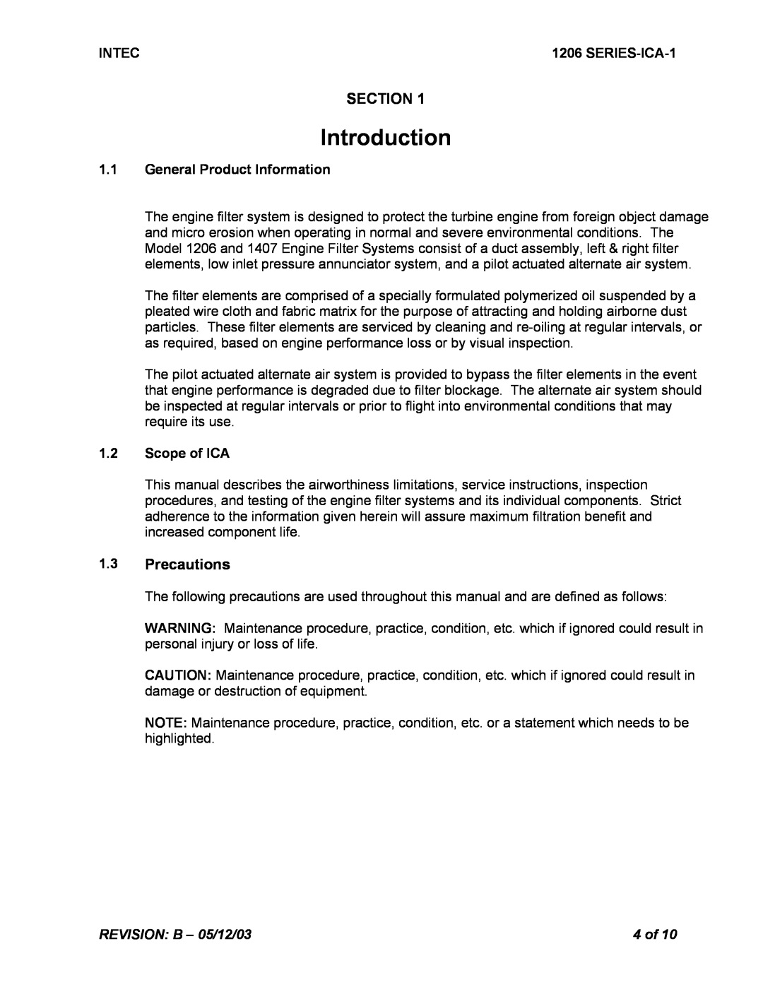 Intec STC SR00180SE manual Introduction, 1.3Precautions, Section 