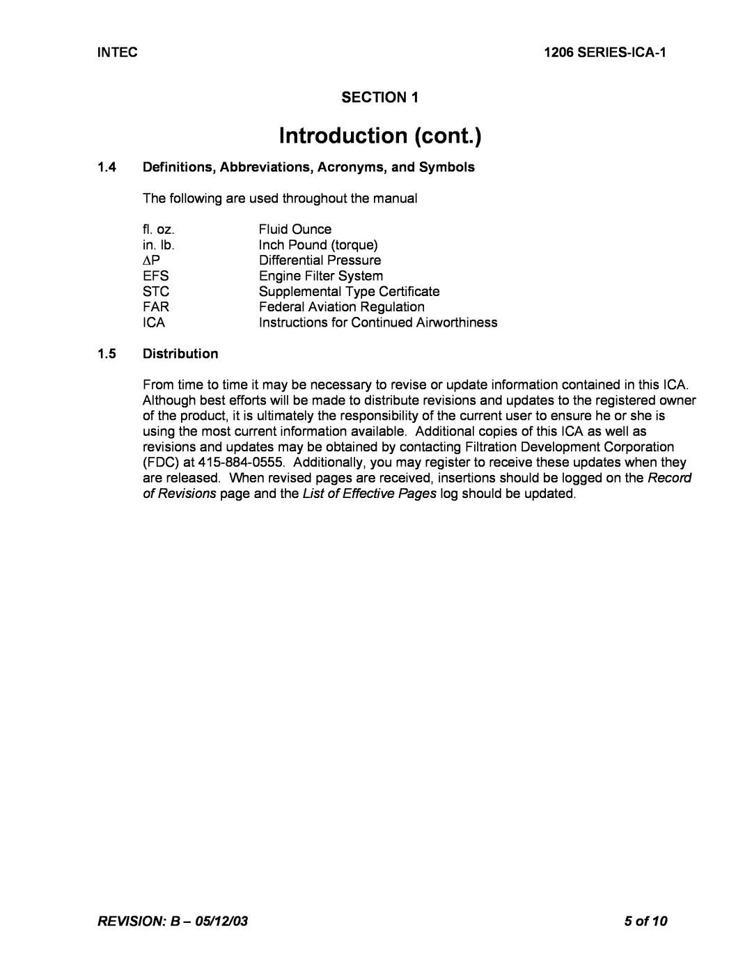 Intec STC SR00180SE manual Introduction cont, Section, Intec, SERIES-ICA-1, 1.5Distribution 