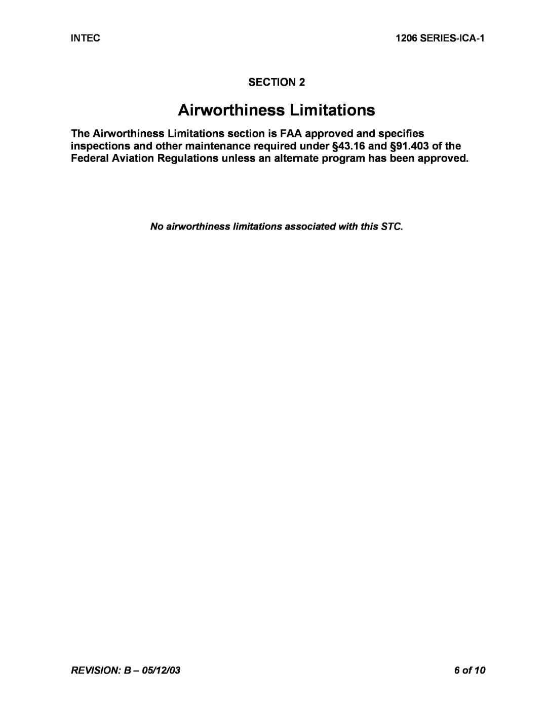 Intec STC SR00180SE manual Airworthiness Limitations, Section 