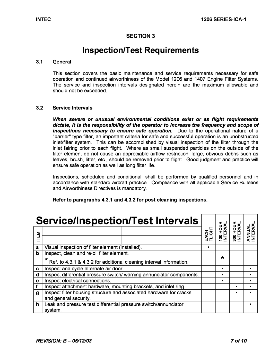 Intec STC SR00180SE manual Inspection/Test Requirements, Service/Inspection/Test Intervals, Section 