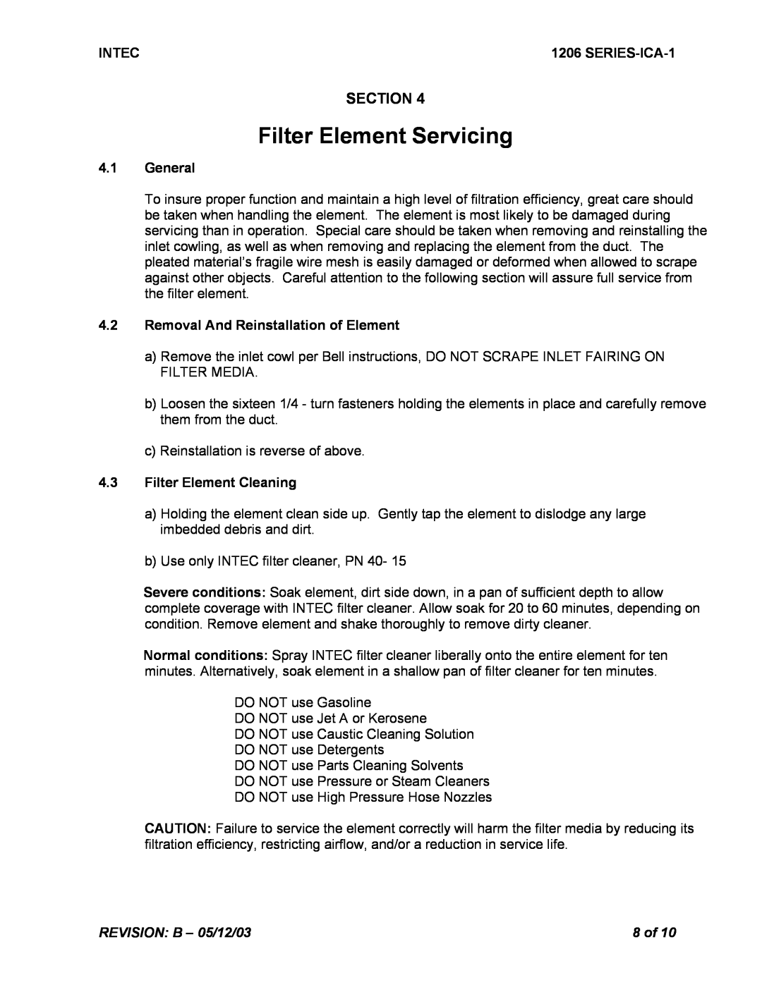 Intec STC SR00180SE manual Filter Element Servicing, Section, Intec, SERIES-ICA-1, 4.1General, 4.3Filter Element Cleaning 