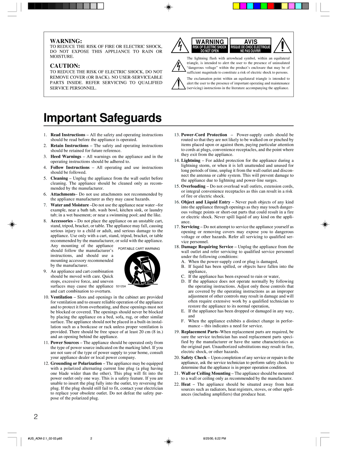 Integra ADM-2.1 instruction manual Important Safeguards, Avis 