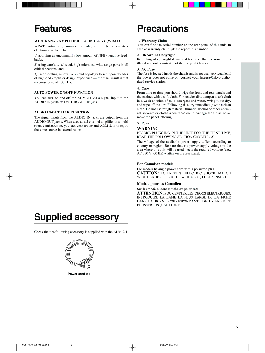 Integra ADM-2.1 instruction manual Features, Precautions, Supplied accessory 