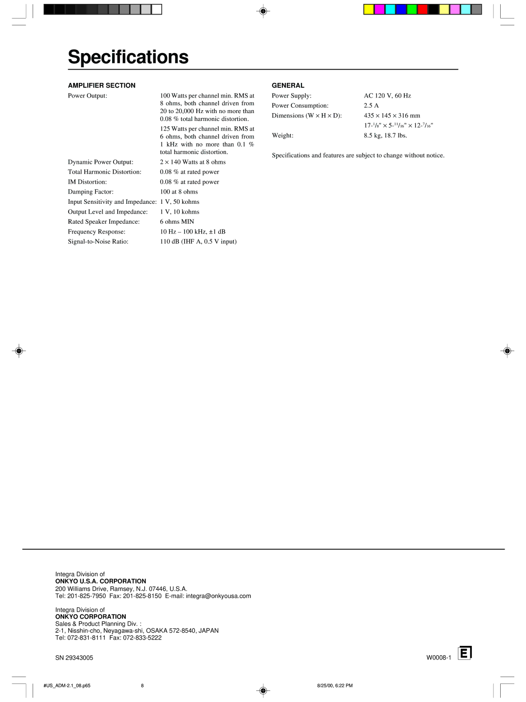 Integra ADM-2.1 instruction manual Specifications, Amplifier Section 