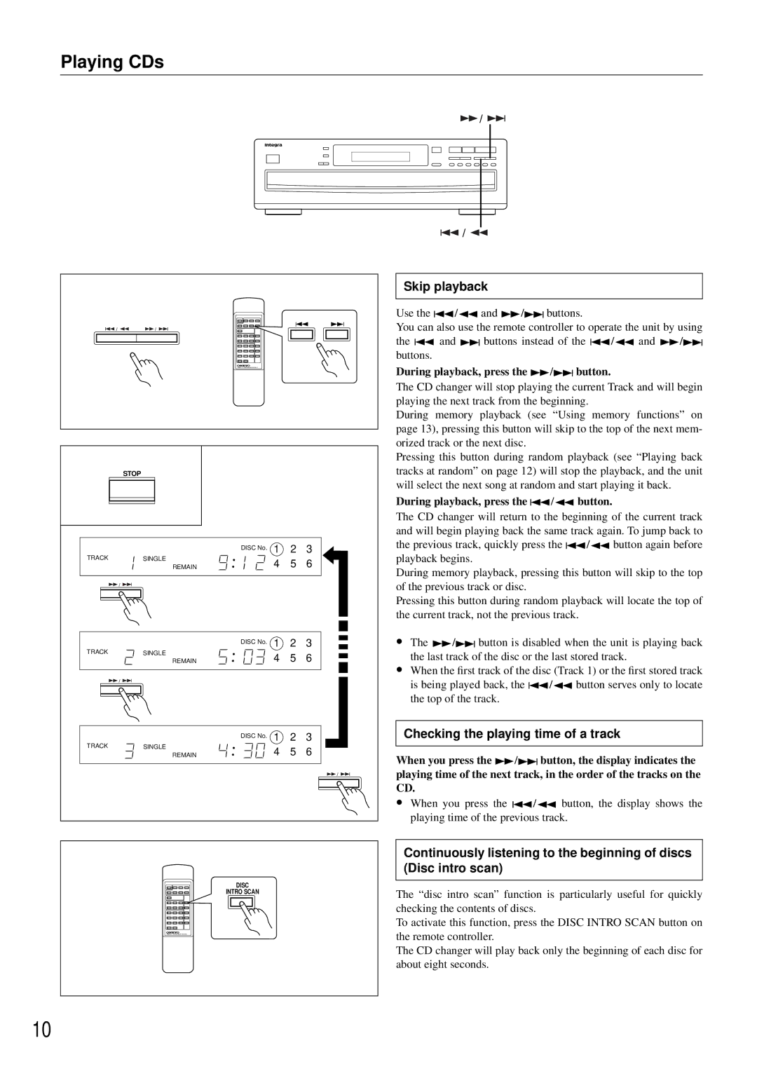 Integra CDC-3.4 appendix Skip playback, Checking the playing time of a track, During playback, press the / button 