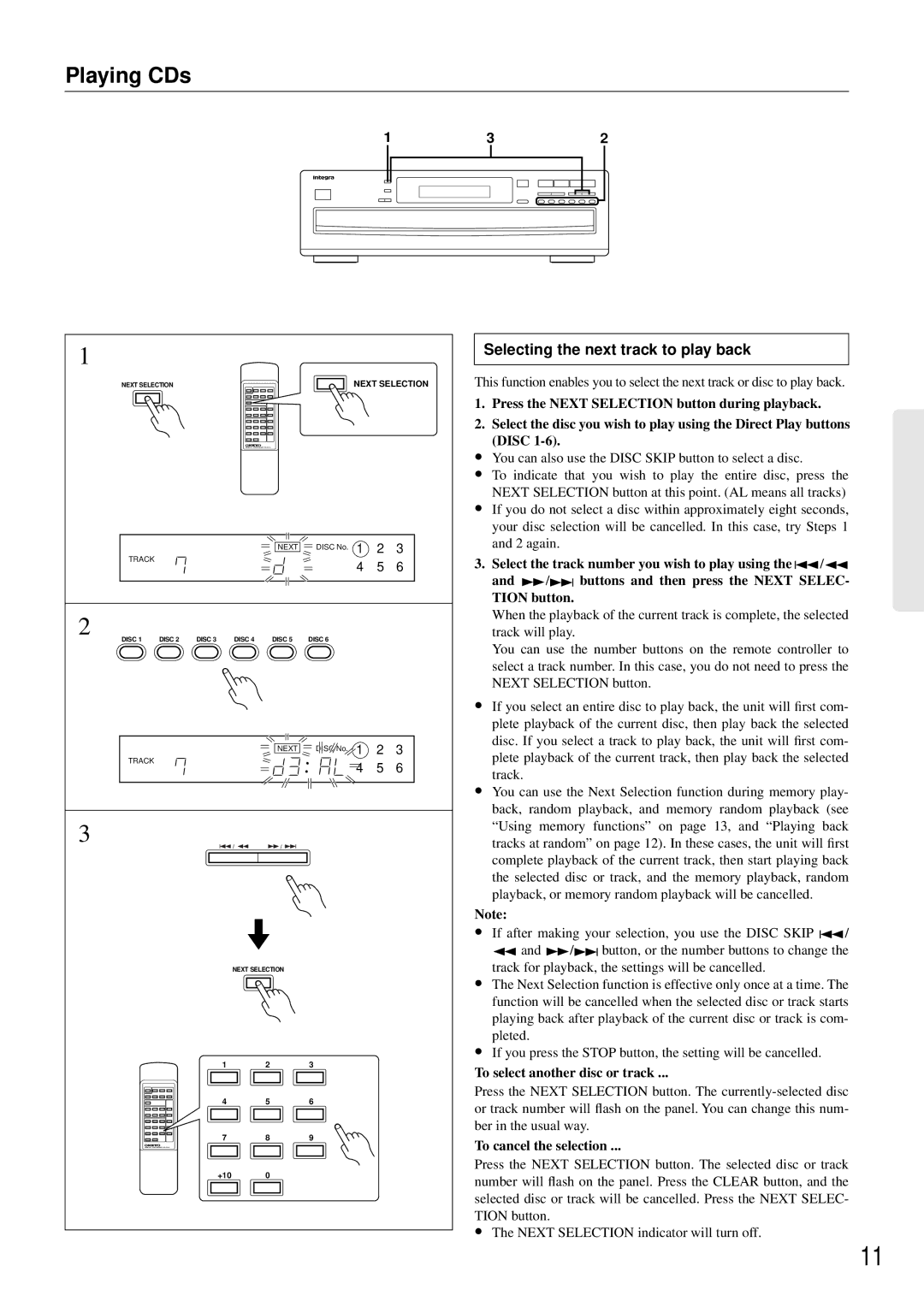 Integra CDC-3.4 appendix Selecting the next track to play back, To select another disc or track, To cancel the selection 