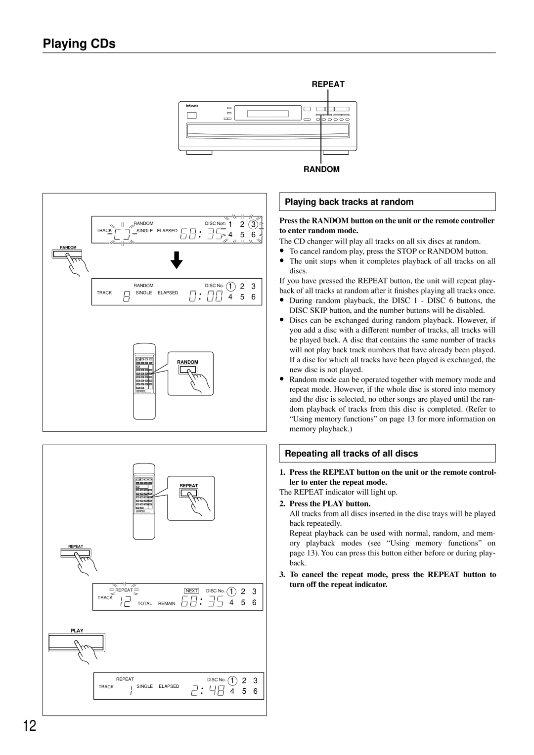 Integra CDC-3.4 appendix Playing back tracks at random, Repeating all tracks of all discs 